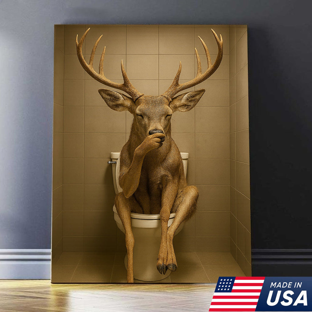 Funny Deer Bathroom Canvas Wall Art – Rustic Toilet Canvas for Cabin, Lodge & Man Cave Decor