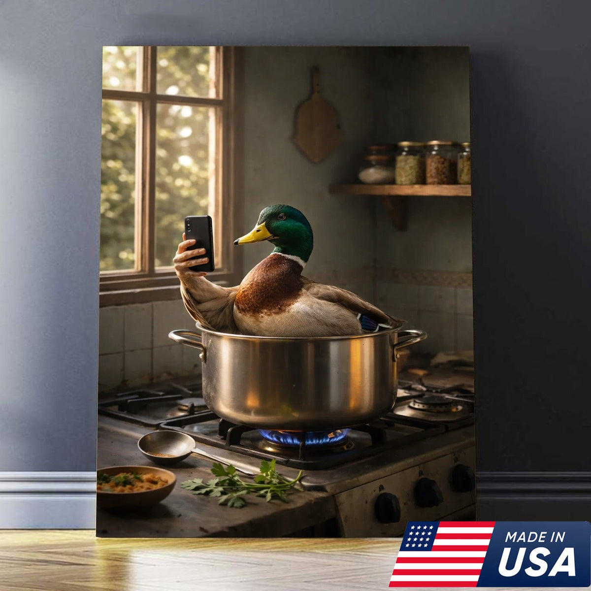 Funny Duck Cooking Selfie Canvas Wall Art, Whimsical Kitchen Animal Illustration