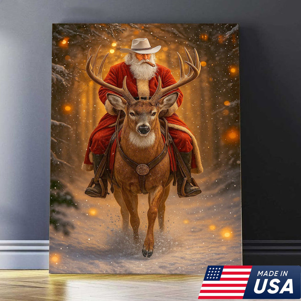 Cowboy Santa Riding Deer Canvas, Western Christmas Wall Art Decor