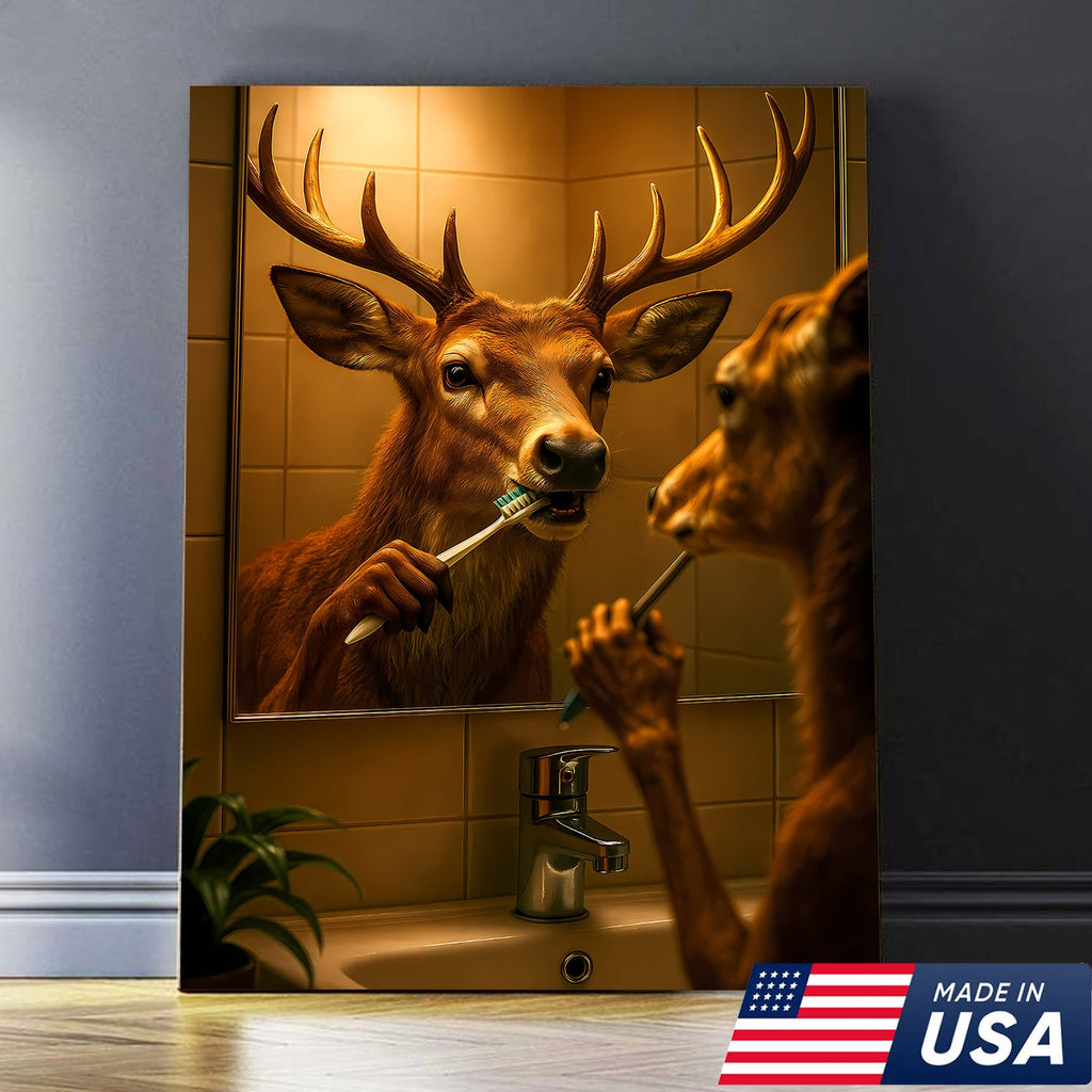Deer Brushing Teeth Canvas – Funny Bathroom Wall Art, Cabin Decor Gift for Hunters
