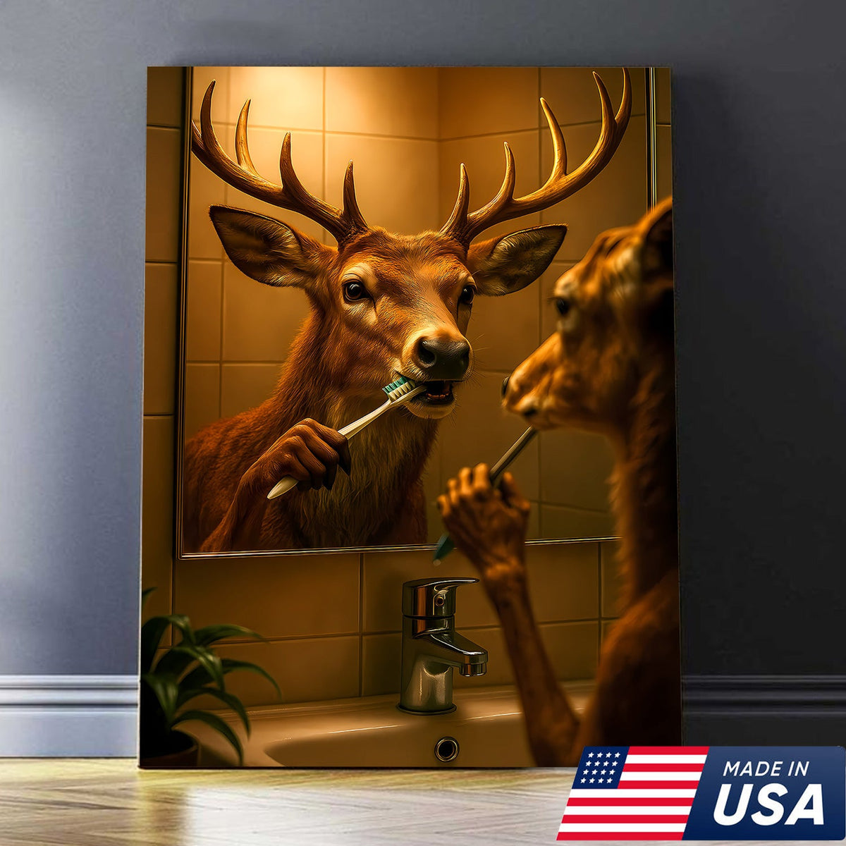Deer Brushing Teeth Canvas – Funny Bathroom Wall Art, Cabin Decor Gift for Hunters