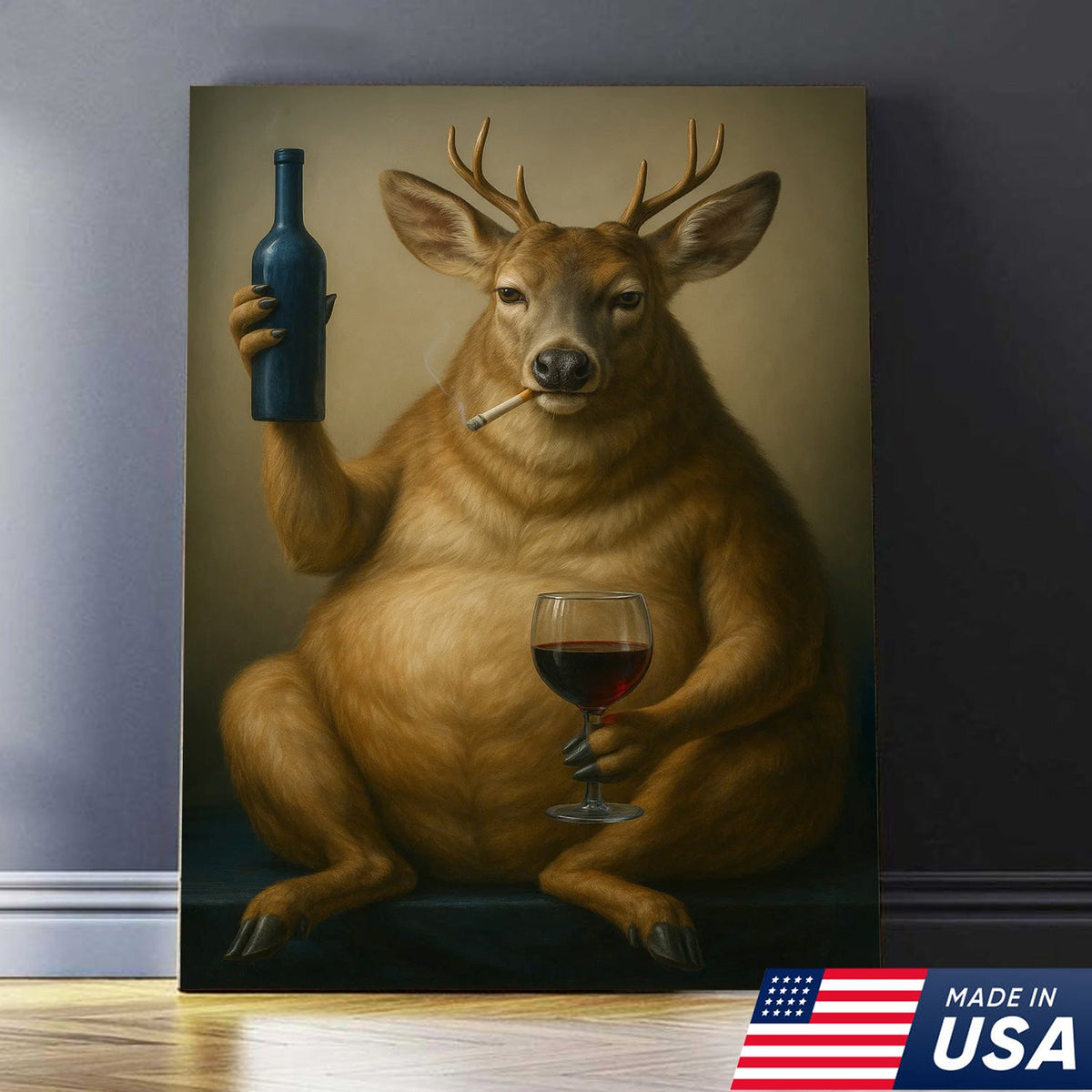 Funny Deer Wall Art Canvas – Fat Buck with Wine Glass Rustic Lodge Decor