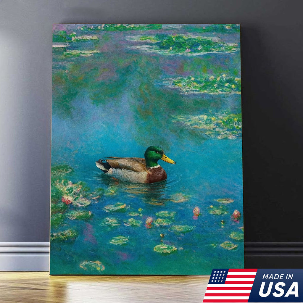 Serene Duck Pond Canvas Wall Art – Tranquil Mallard Painting – Rustic Cabin and Lodge Decor