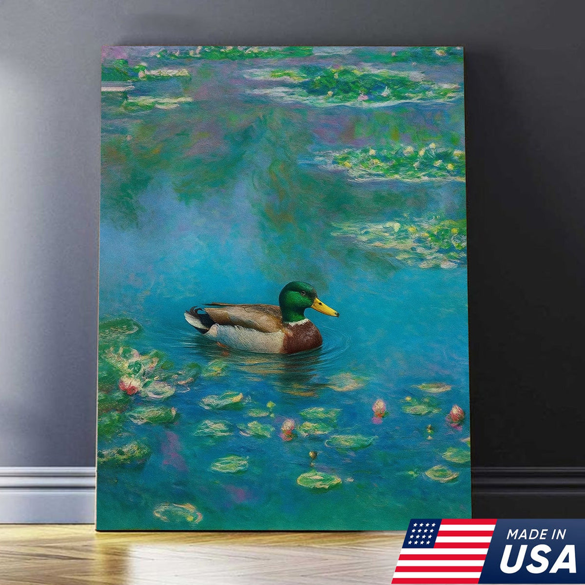 Serene Duck Pond Canvas Wall Art – Tranquil Mallard Painting – Rustic Cabin and Lodge Decor