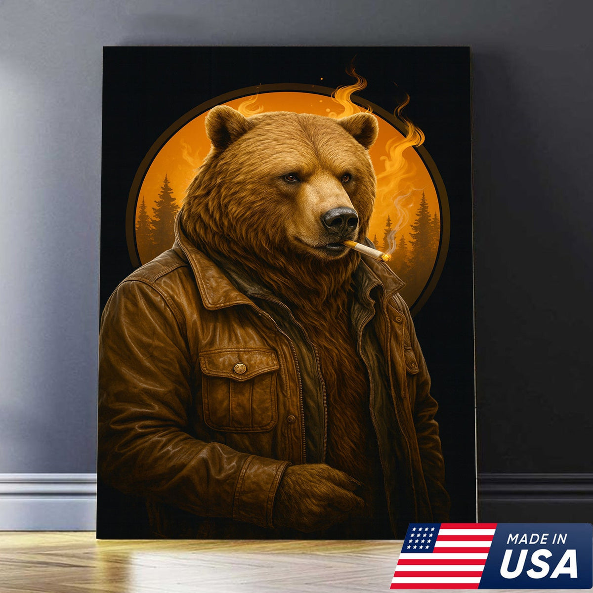 Smoking Bear Wall Art Canvas – Badass Leather Jacket Print product image 3