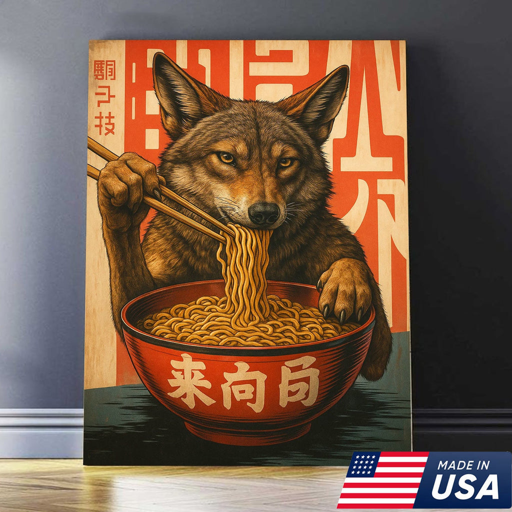 Funny Wolf Coyote Eating Ramen Canvas Wall Art, Quirky Animal Kitchen Decor