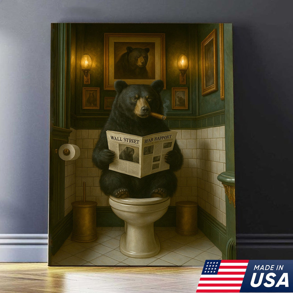 Funny Bear Bathroom Canvas – Toilet Humor Animal Wall Art Gift for Hunters
