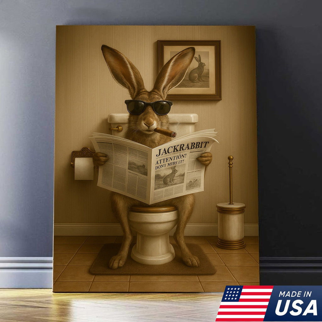 Funny Jackrabbit Bathroom Canvas Wall Art – Rustic Wildlife Lodge Decor Gift for Hunters & Cabin