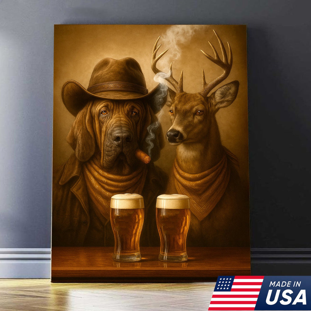 Funny Dog & Deer Cowboy Canvas Wall Art – Funny Rustic Beer Decor for Hunters