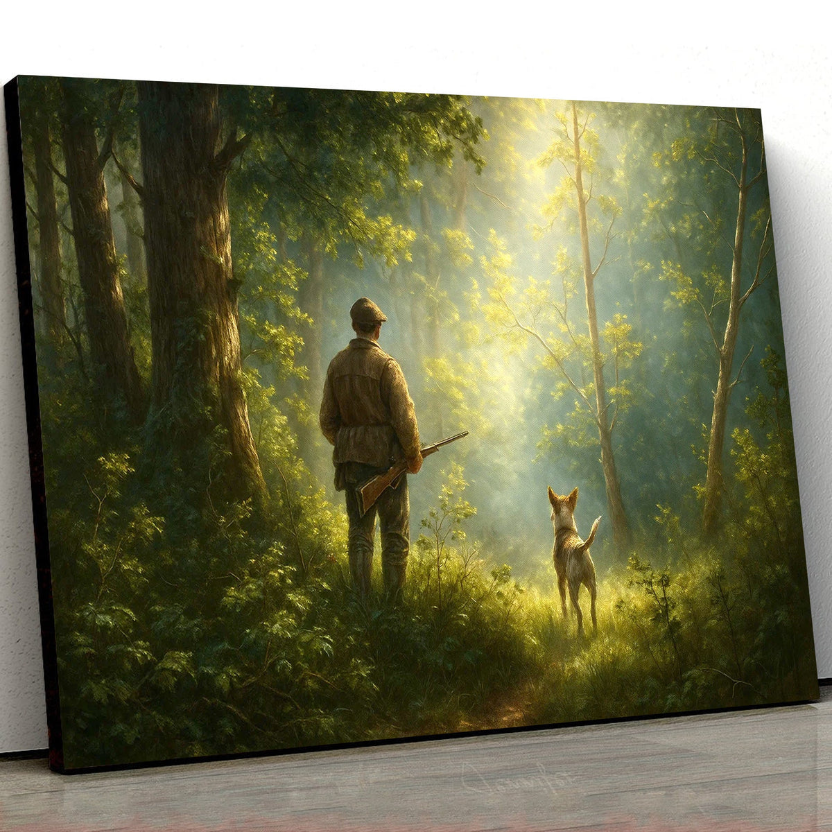 Hunting Canvas Wall Art – Hunter and Dog in Sunlit Forest – Rustic Cabin Decor