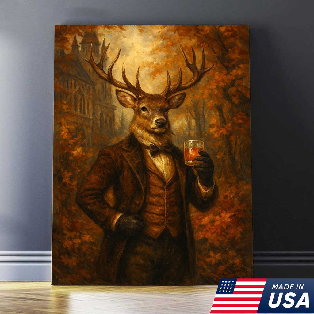 Deer Gentleman Whiskey Canvas Wall Art – Rustic Fall Hunting Lodge & Man Cave Decor