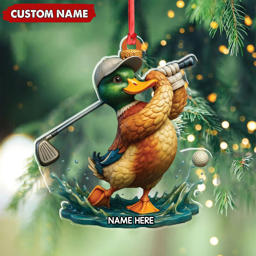 Personalized Acrylic Duck Golf Christmas Ornament – Custom Name Funny Hunter Gift for Golf Lovers