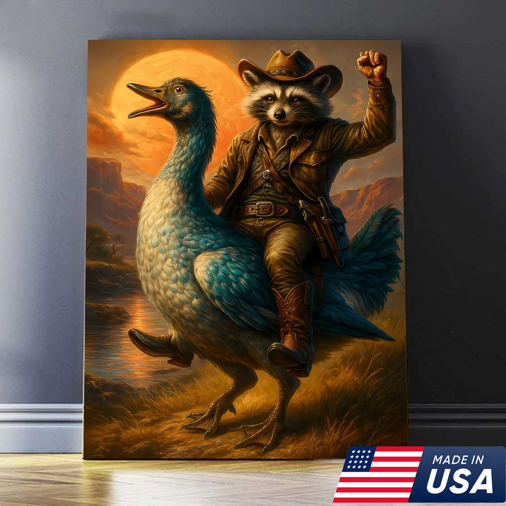 Raccoon Cowboy Riding Goose Canvas – Funny Western Wall Art for Hunters & Animal Lovers
