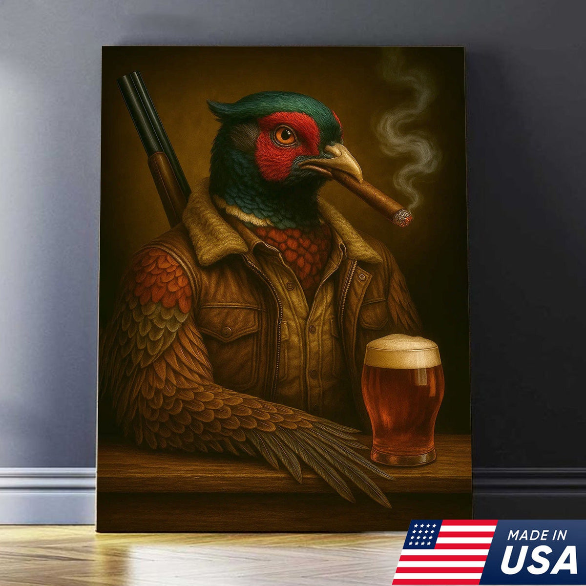 Wild Pheasant Canvas Wall Art – Surreal Hunter Portrait with Beer Glass, Bold Rustic Decor