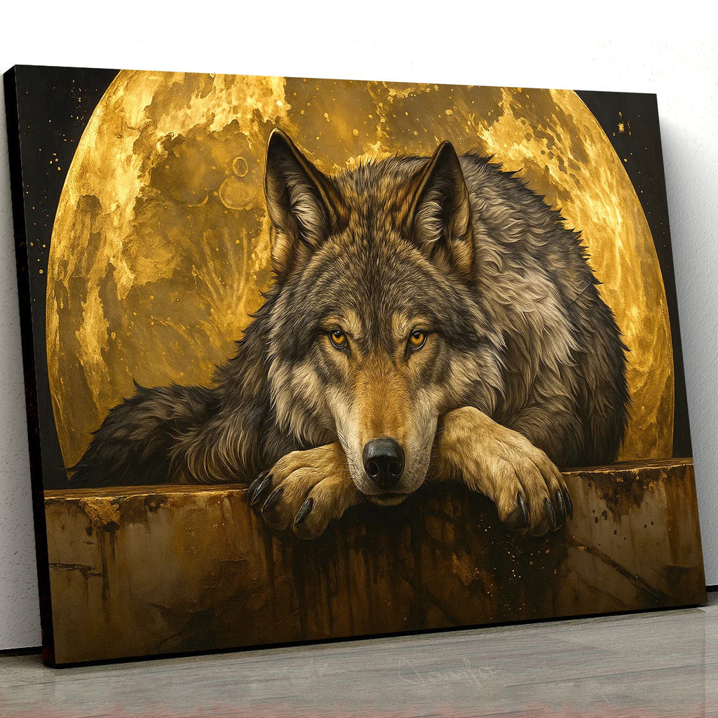 Wolf Canvas Wall Art – Majestic Wolf with Full Moon – Rustic Wildlife Decor for Cabin