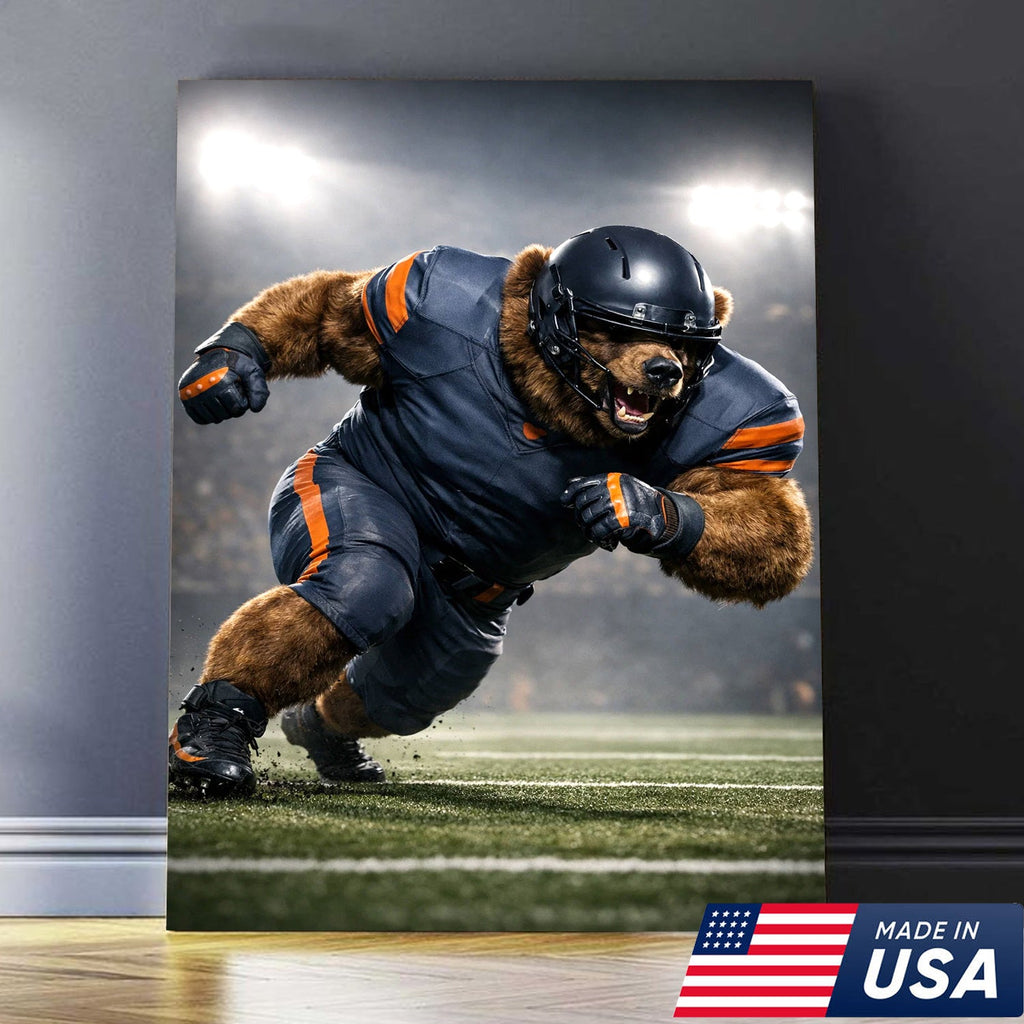 Raging Grizzly Football Canvas Wall Art – Powerful Bear Athlete Stadium Action Print