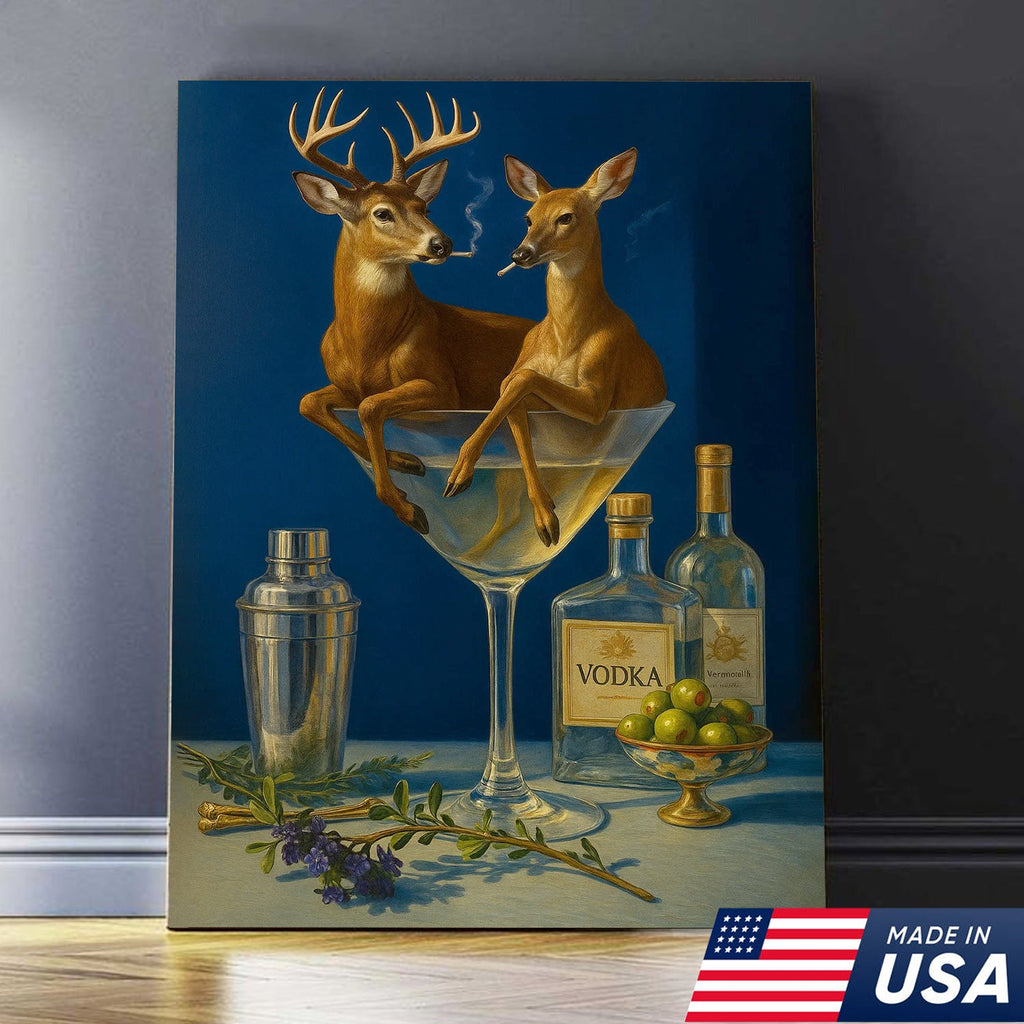 Funny Deer Couple Wall Art Canvas – Whimsical Buck and Doe in Martini Glass