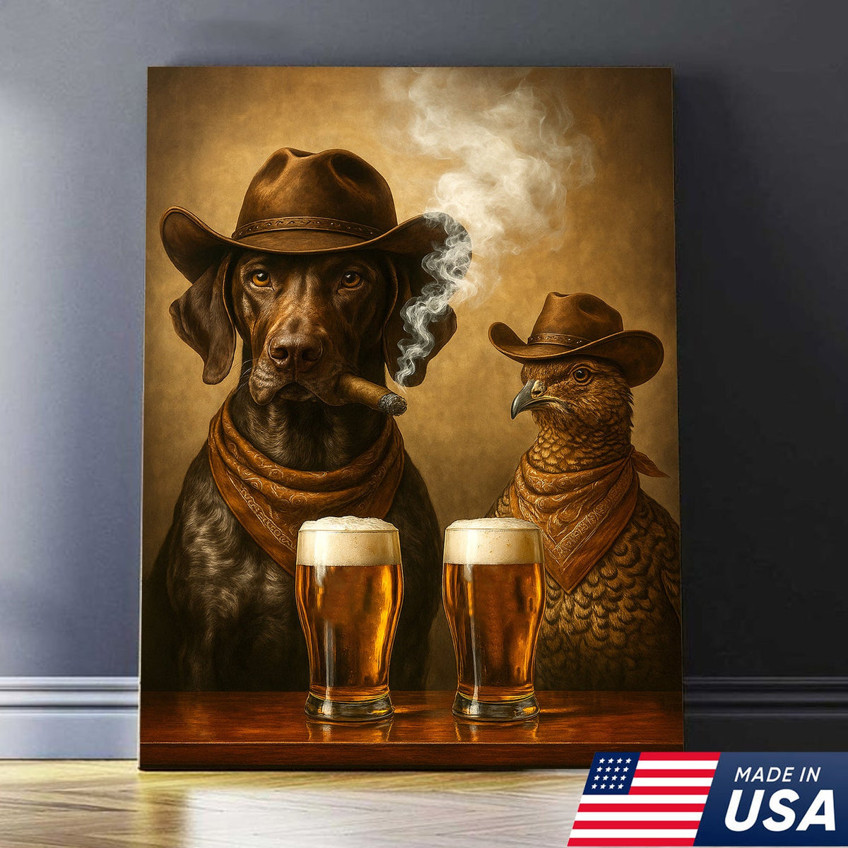 Funny Dog & Grouse Beer Canvas Wall Art – Rustic Cowboy Bar Decor Gift for Hunters & Outdoorsmen