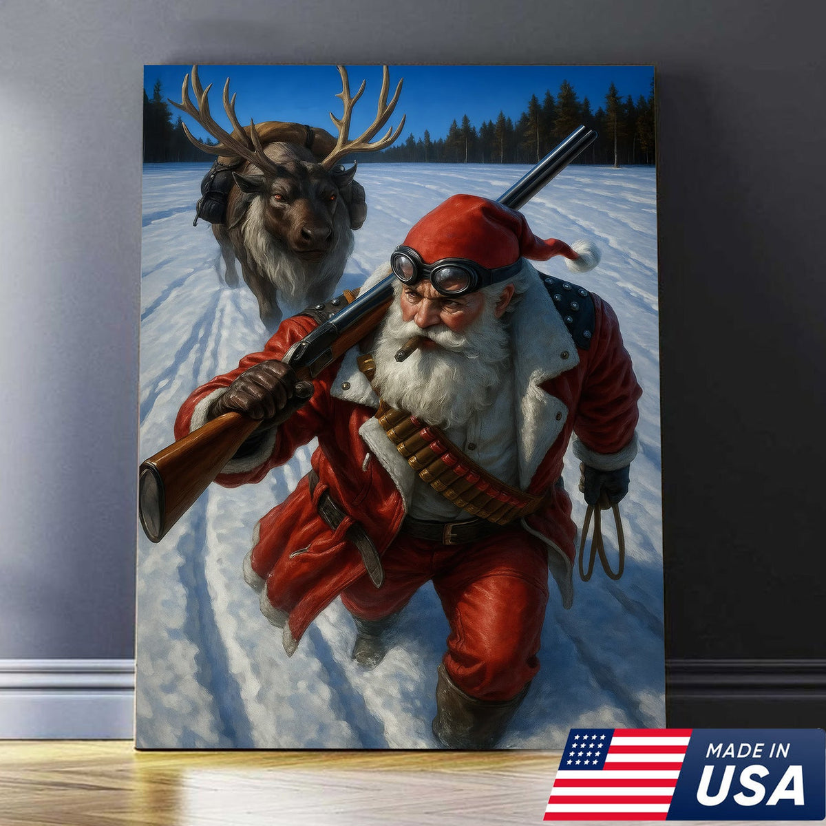 Action Santa Sprinting with Reindeer Canvas Wall Art, Epic Winter Christmas Decor