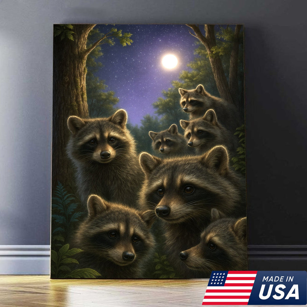 Raccoons Under Full Moon Canvas – Woodland Night Scene, Rustic Lodge Wall Art