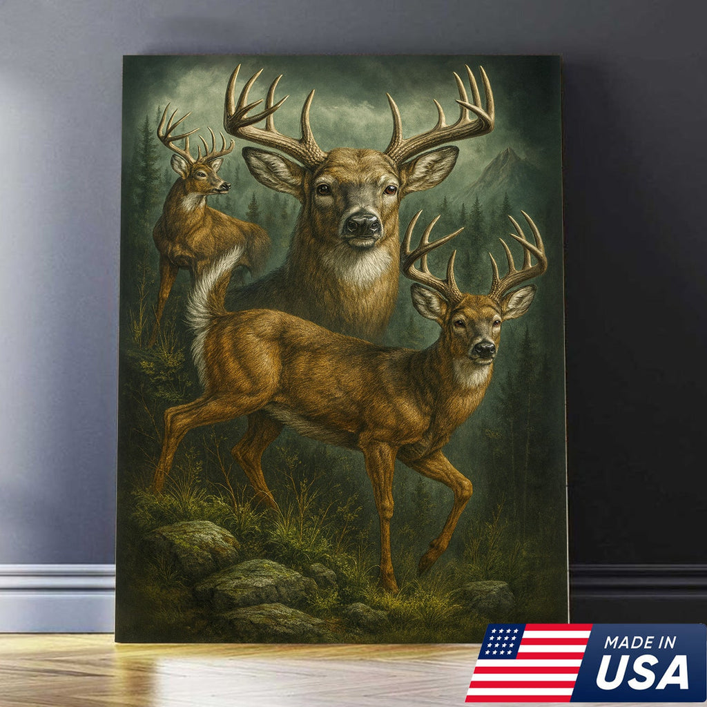 Whitetail Deer Trio Canvas Wall Art, Majestic Bucks in Forest Scene, Perfect Hunting Lodge