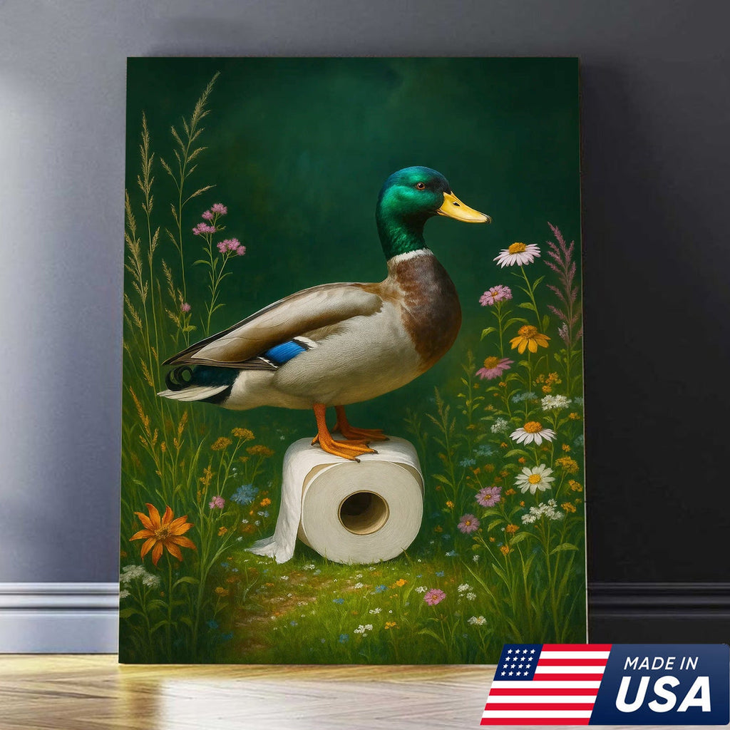 Duck on Toilet Paper Canvas Wall Art, Funny Bathroom Decor with Wildflowers