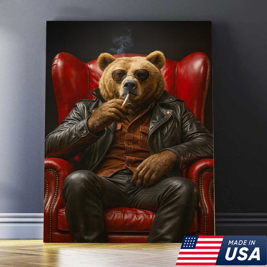 Cool Smoking Bear Wall Art Canvas – Badass Leather Chair Bear Canvas Print for Man Cave Decor