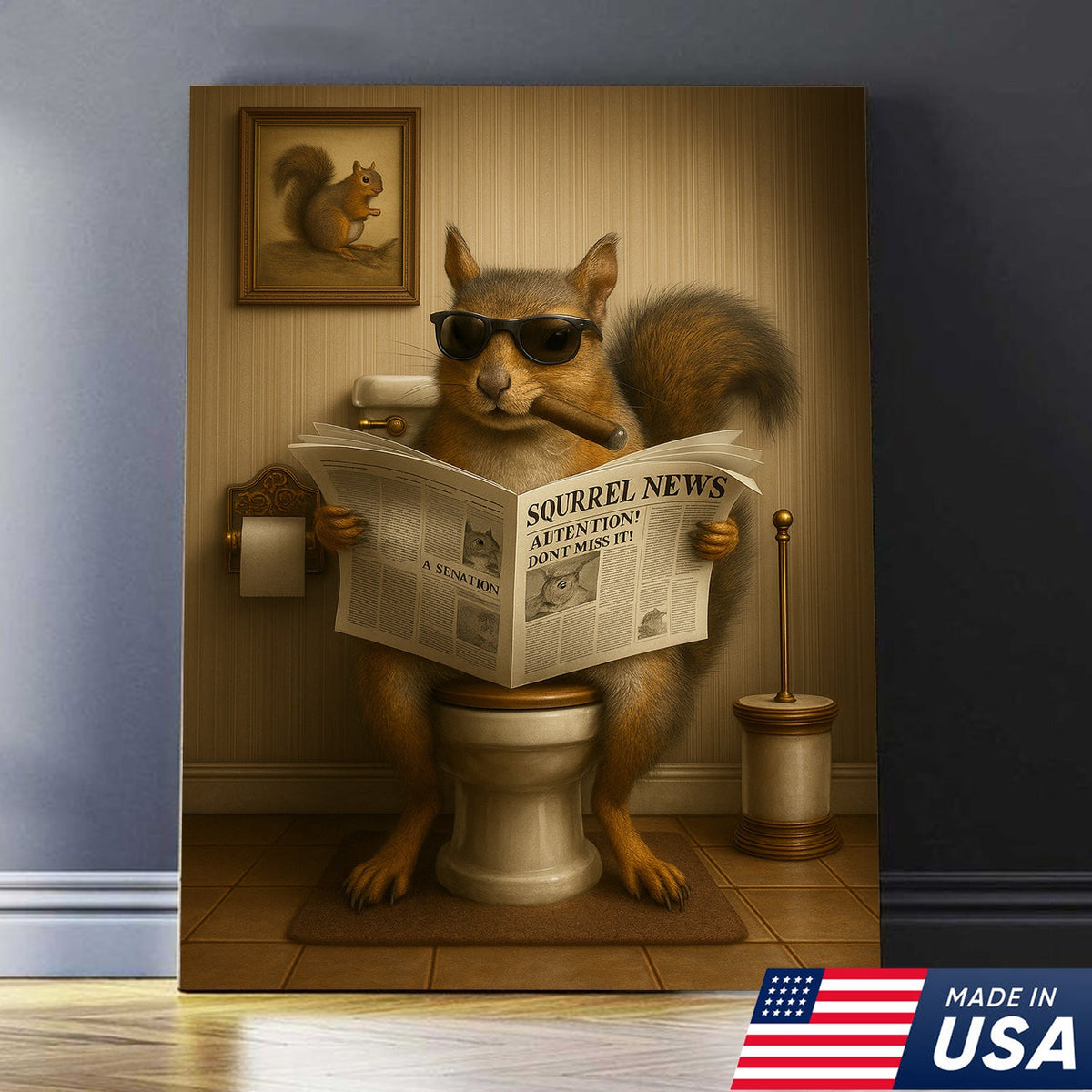 Hilarious Squirrel Canvas Print – Unique Rustic Bathroom Humor for Hunting Lodge and Man Cave