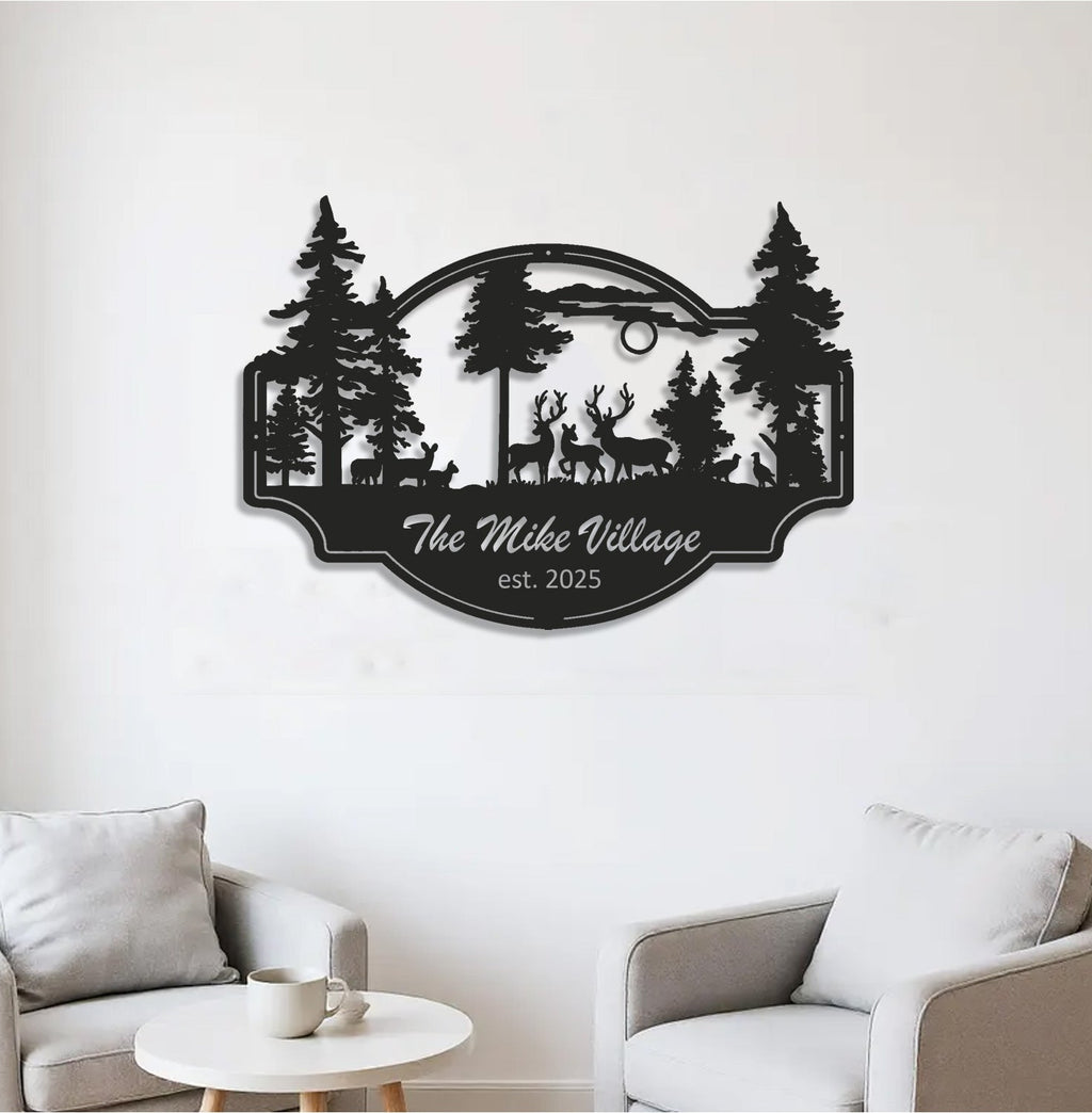 Personalized Deer Metal Sign WITH LED/WITHOUT LED - Rustic Wildlife Scene Cabin Name Sign