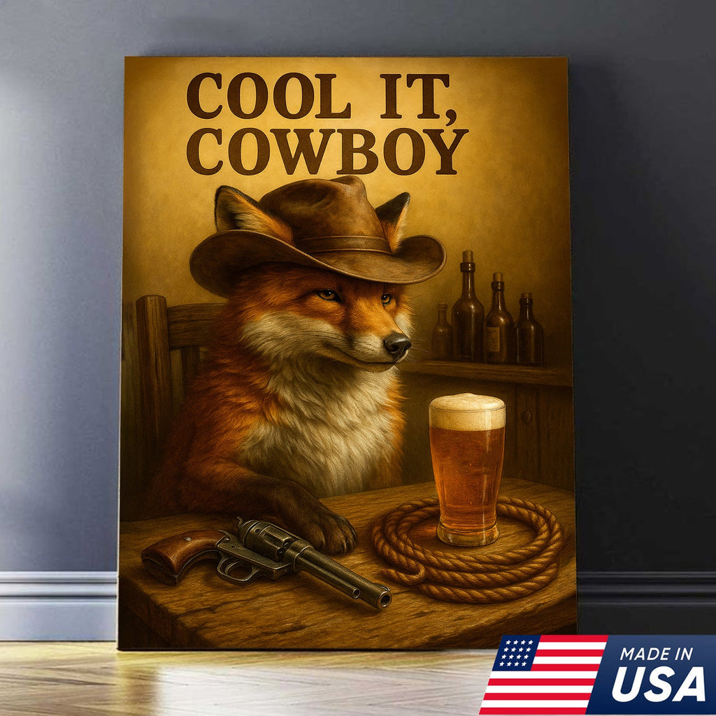 Cowboy Fox Canvas Wall Art – Rustic Western Saloon Painting with Coors Beer