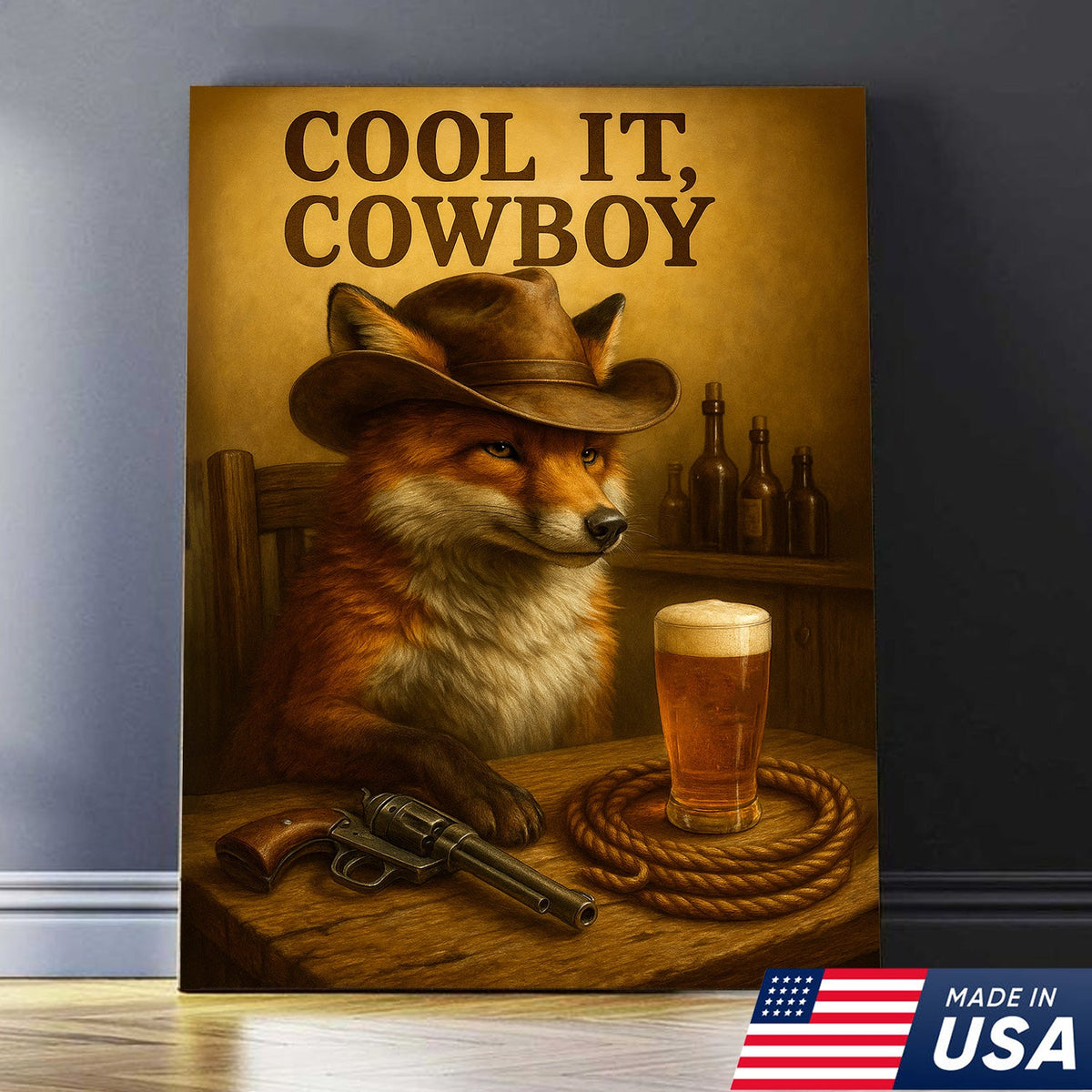 Cowboy Fox Canvas Wall Art – Rustic Western Saloon Painting with Coors Beer