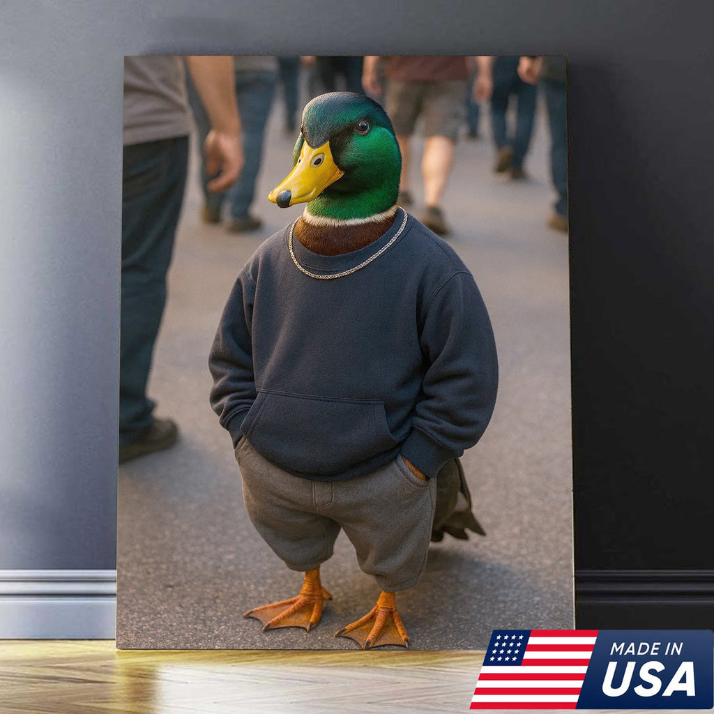 Funny Duck Canvas Wall Art, Cool Mallard in Hoodie Streetwear Poster