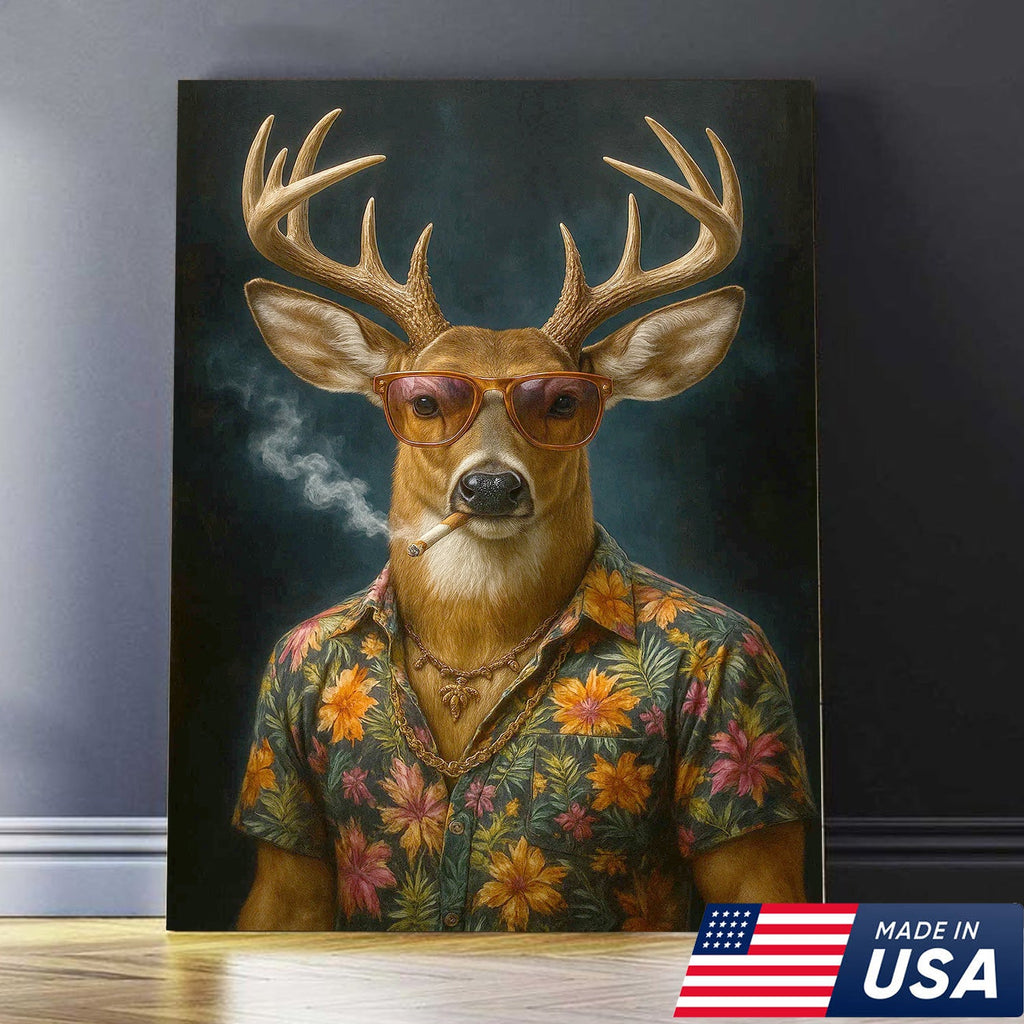 Cool Deer Smoking Canvas Wall Art, Funny Animal Portrait Artwork, Retro Hunter Gift Decor