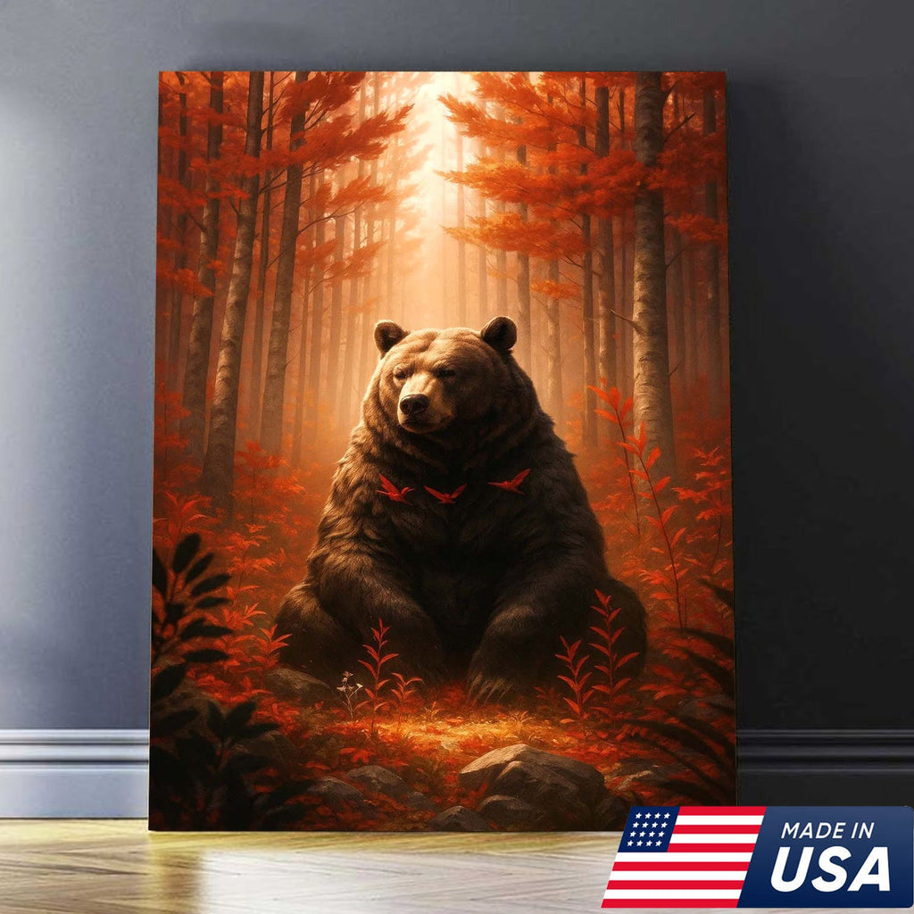 Autumn Forest Bear Canvas Wall Art, Majestic Brown Bear in Fall Woodland