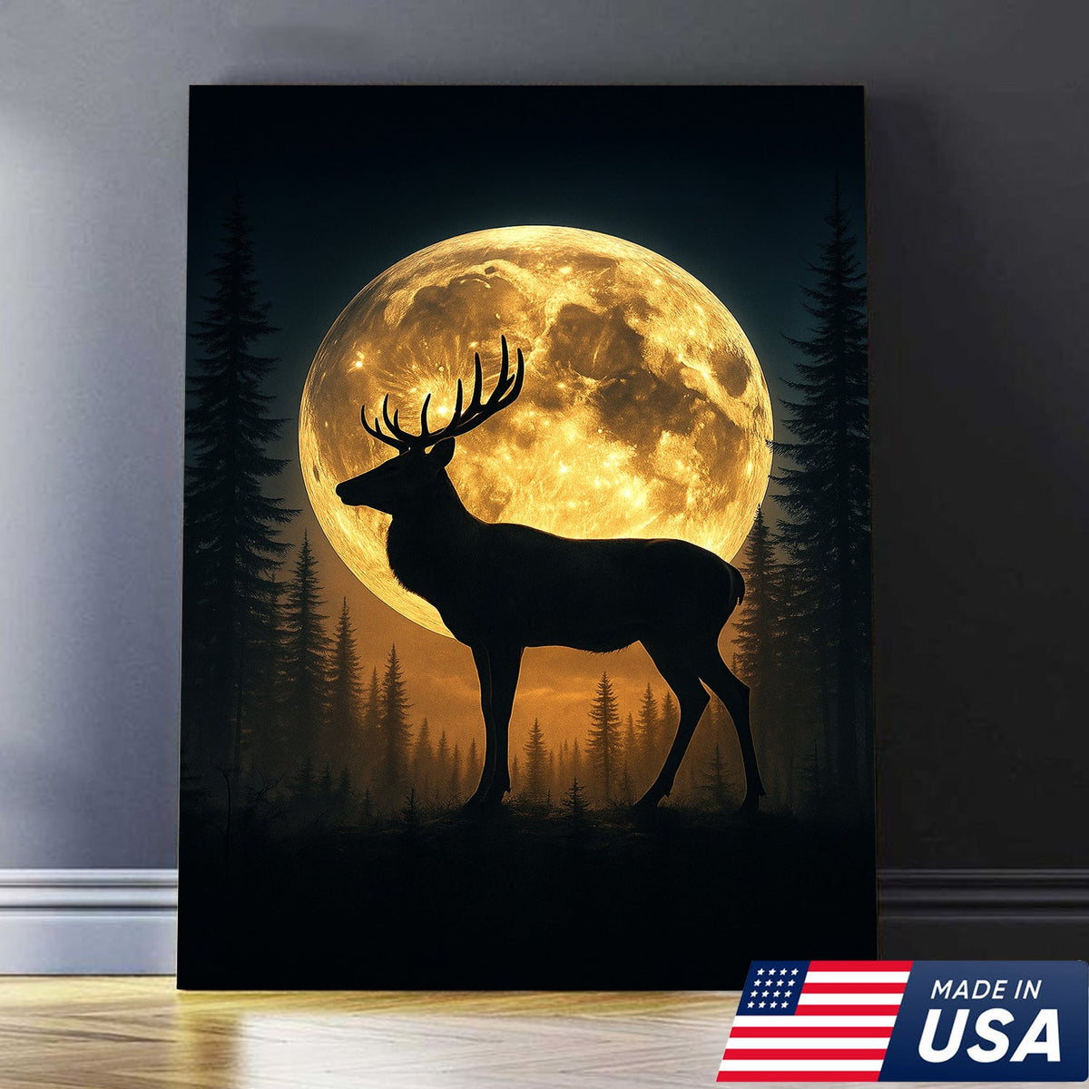 Moonlit Deer Silhouette Canvas – Rustic Forest Wall Art for Cabin & Lodge Decor