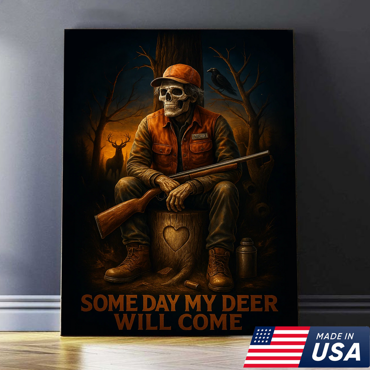 Funny Deer Hunting Canvas Wall Art – Skeleton Hunter with Rifle, Rustic Lodge Decor