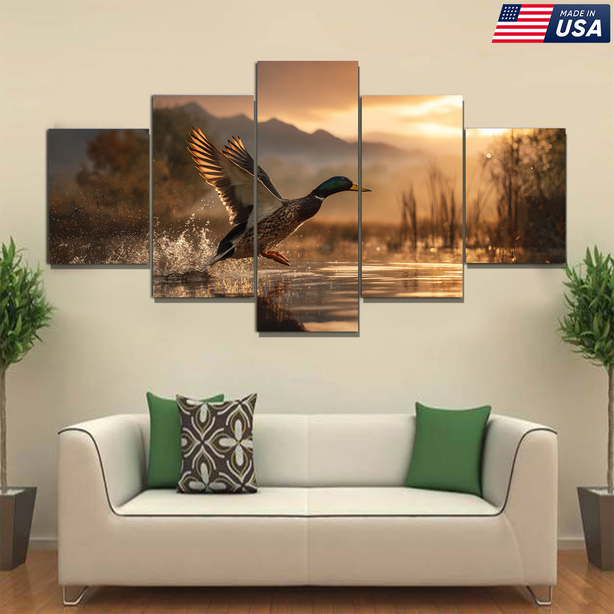 Flying Mallard at Dawn Canvas Wall Art Print for Hunters - Stunning 5-Panel Duck Canvas