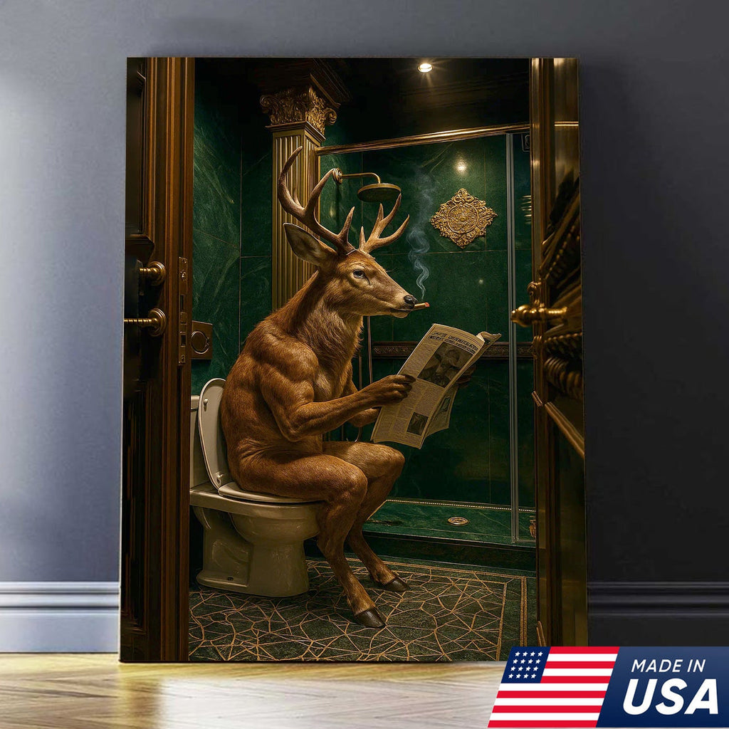 Funny Deer Canvas Wall Art - Anthropomorphic Deer Reading Newspaper in Bathroom