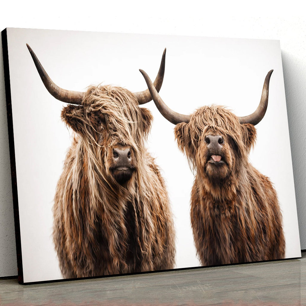 Highland Cow Duo Canvas Wall Art, Rustic Farm Animal Portrait