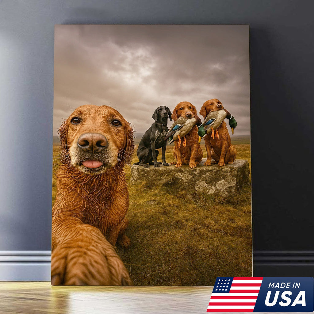 Hunting Dogs Selfie Canvas Art – Funny Retriever Group Photo with Ducks