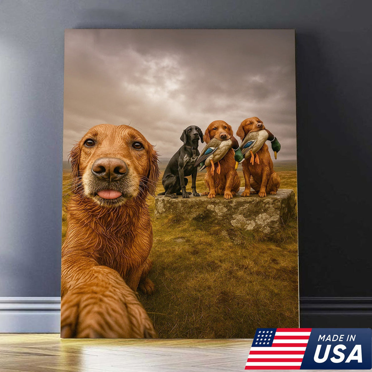 Hunting Dogs Selfie Canvas Art – Funny Retriever Group Photo with Ducks
