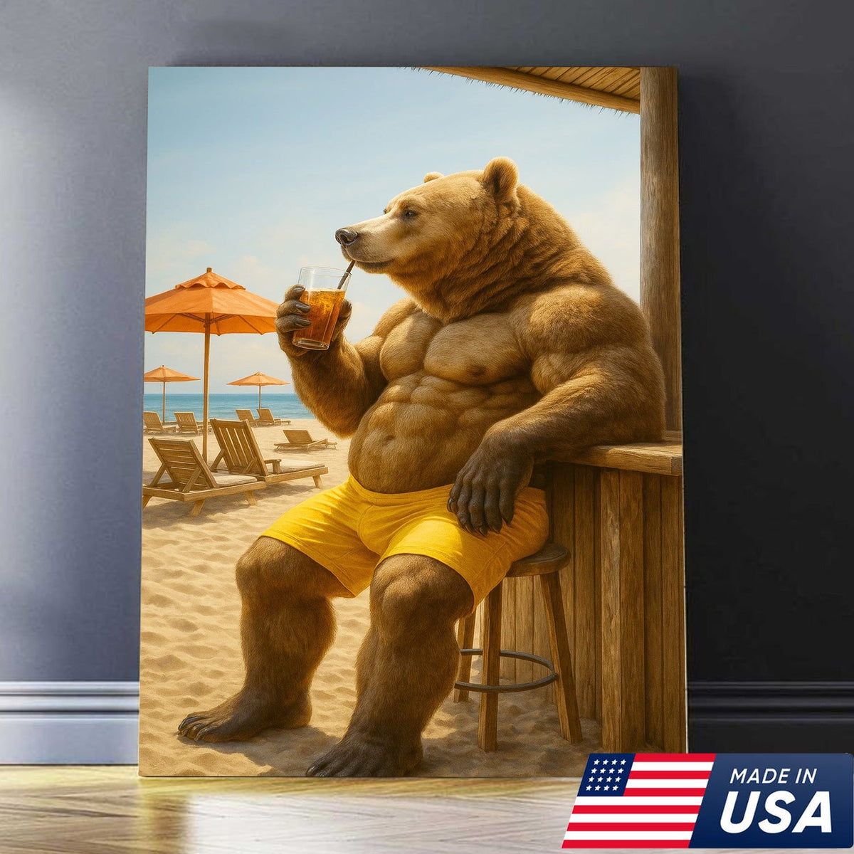 Funny Beach Bear Canvas Wall Art, Summer Vacation Animal Artwork