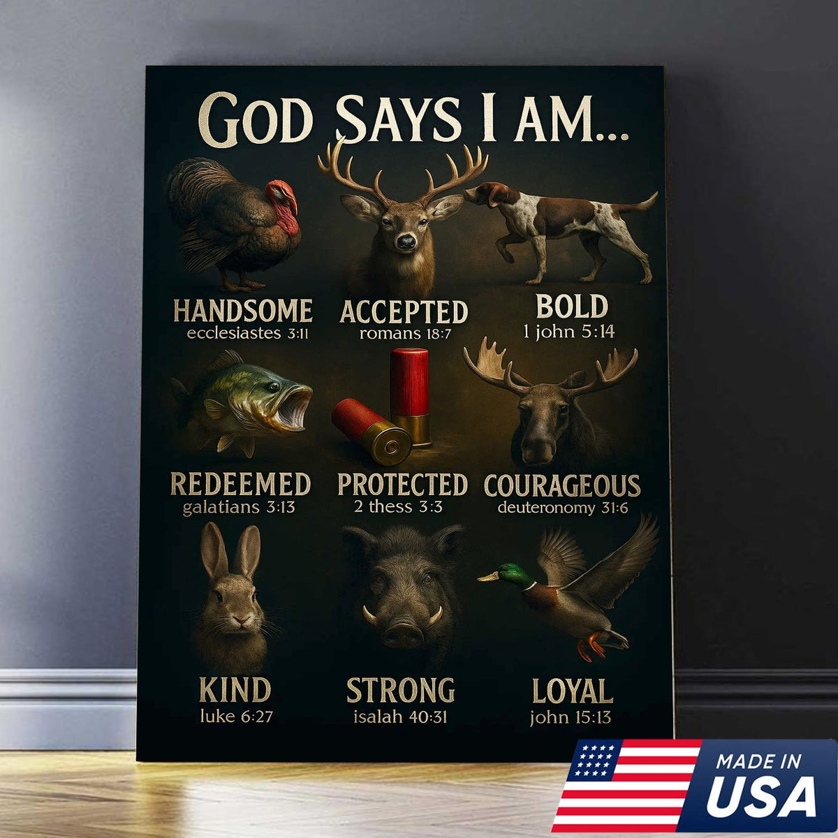God Says I Am Hunting Canvas, Christian Wildlife Wall Art with Deer, Turkey, Duck, and Moose