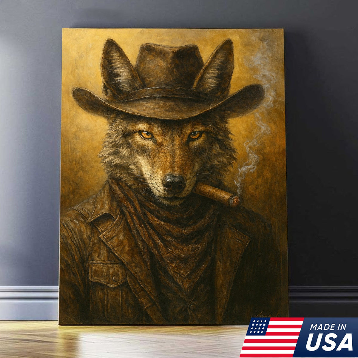 Coyote Cowboy Canvas Wall Art – Rustic Western Outlaw Painting for Lodge, Bar, Hunters