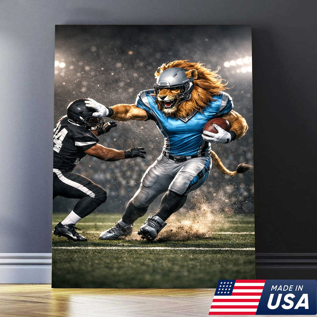 Fearless Lion Football Canvas Wall Art – Powerful Big Cat Athlete Stadium Action Print