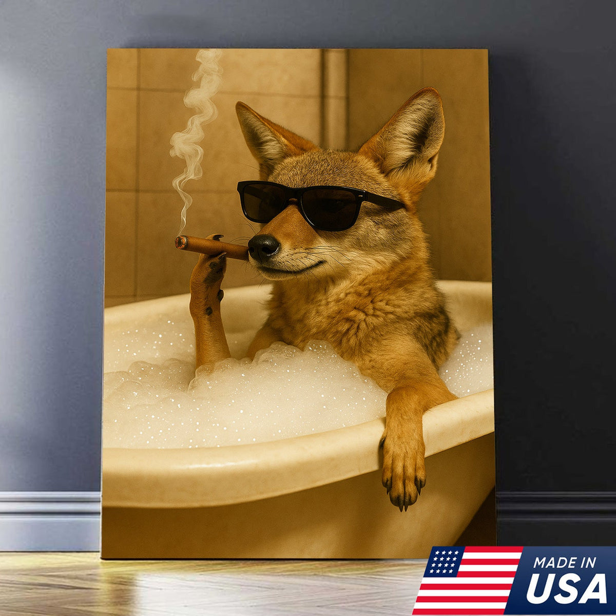 Cool Coyote in Bathtub Canvas – Funny Bathroom Wall Art for Rustic Cabin