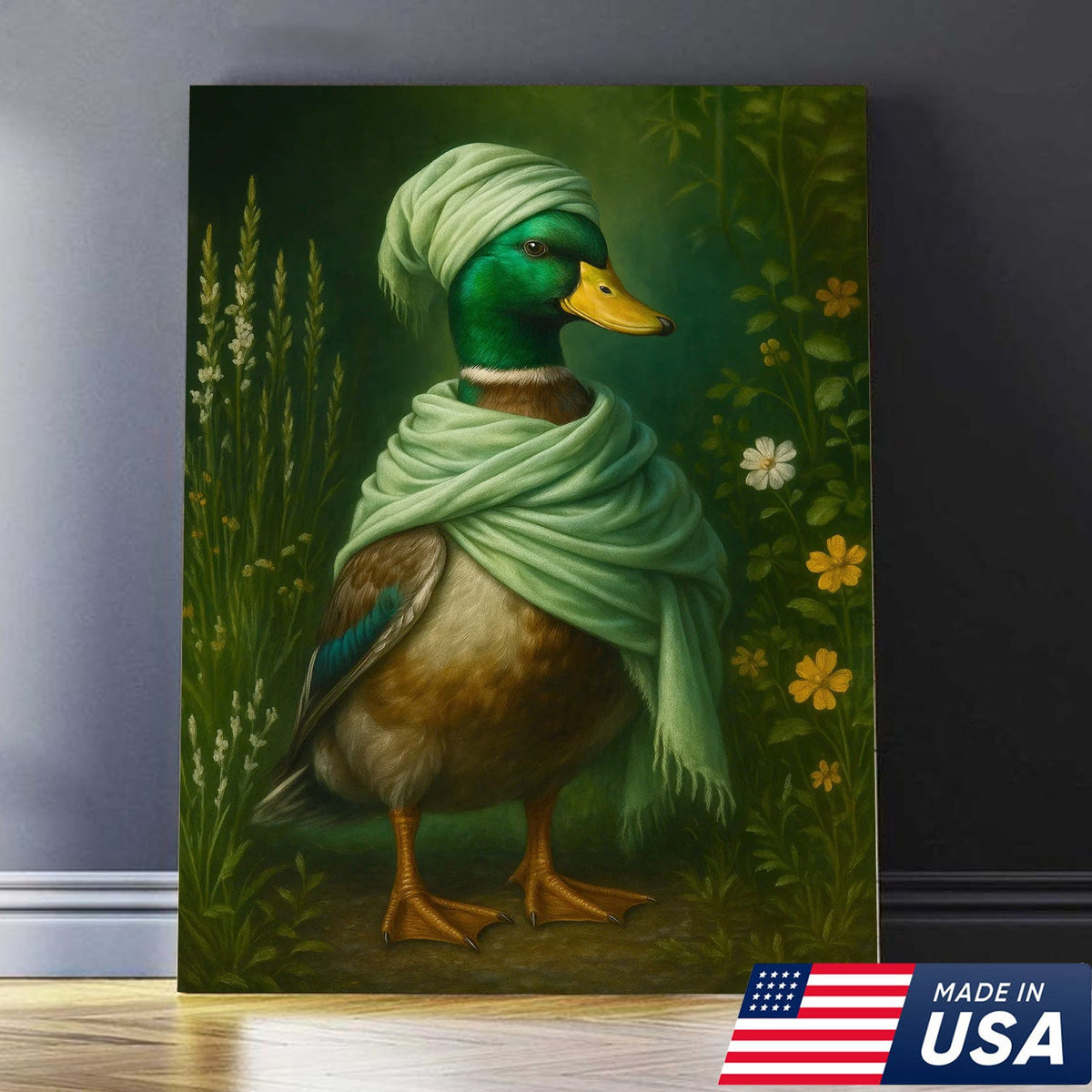 Duck in Green Scarf Canvas Wall Art, Whimsical Animal Portrait, Cottagecore Farmhouse Decor