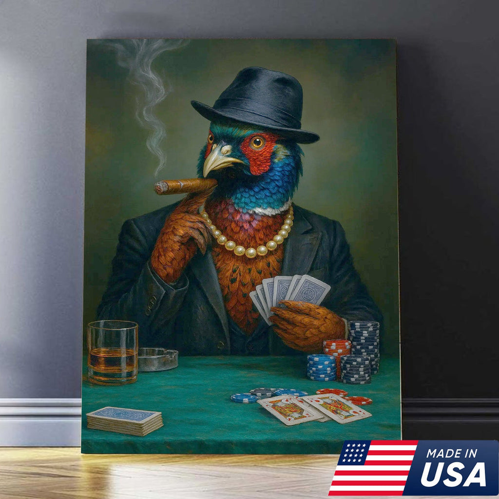 Funny Pheasant Poker Player Canvas Wall Art, Colorful Bird in Suit Casino Decor