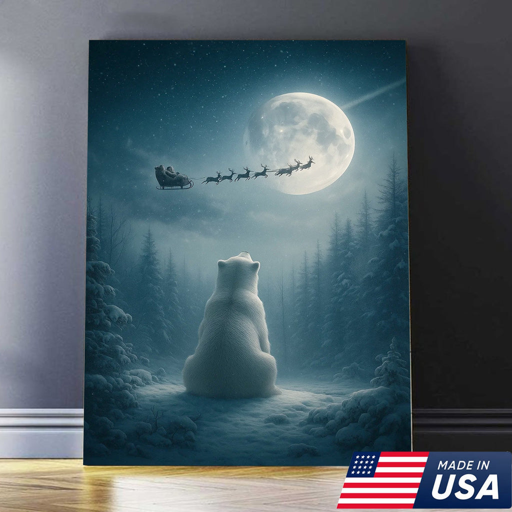 Christmas Polar Bear Santa Sleigh Wall Art Canvas, Winter Night Forest Moon Decor