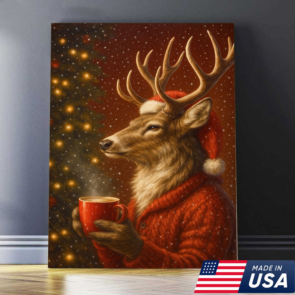 Christmas Deer Drink Coffee In Cozy Sweater Canvas Wall Art - Holiday Cabin Decor